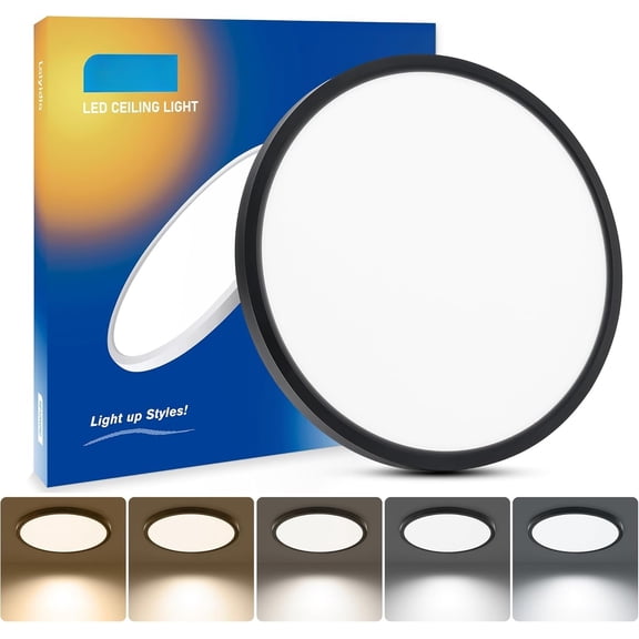 12 Inch Flush Mount Ceiling Light, 5 CCT Selectable 2700K-6500K, 24W 2640LM Thin Flat Panel, Light Fixture for Kitchen Bathroom Hallway Closet, Non-Dimmable, Matte Black,1-