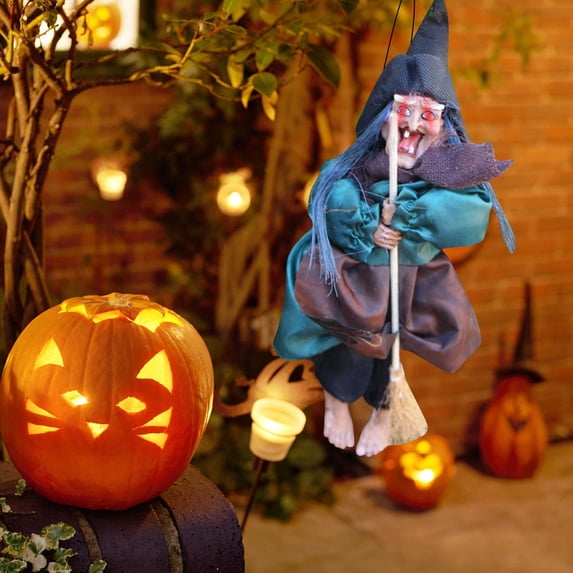 12 Inch Flying Witch Halloween Decor Spooky Creepy Witch Holding Broom Hanging Ornament for Haunted House Indoor Outdoor Party Home Porch Window Display 1 Pack