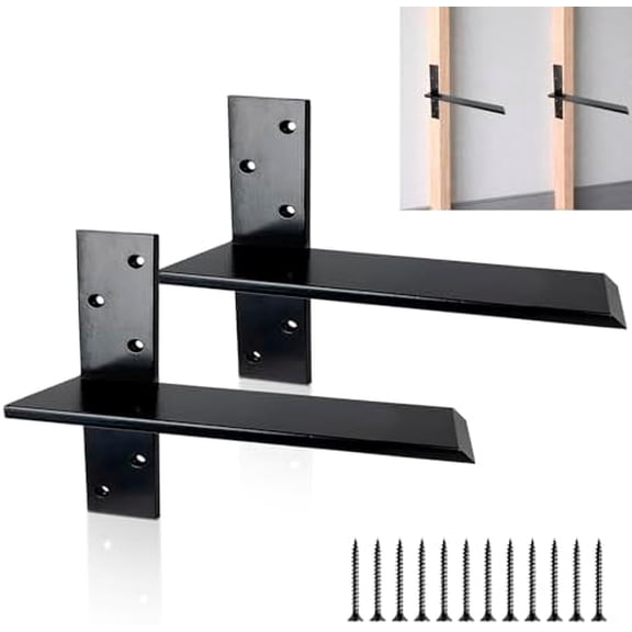 12 Inch Free Hanging T Shelf Bracket Holds 350lbs, 1/2'' Thick x 2.5'' W Floating Bench Bracket Heavy Duty, Hidden Countertop Support Brackets for Bathroom Granite Kitchen Bar Desk Garage, 2 Pack