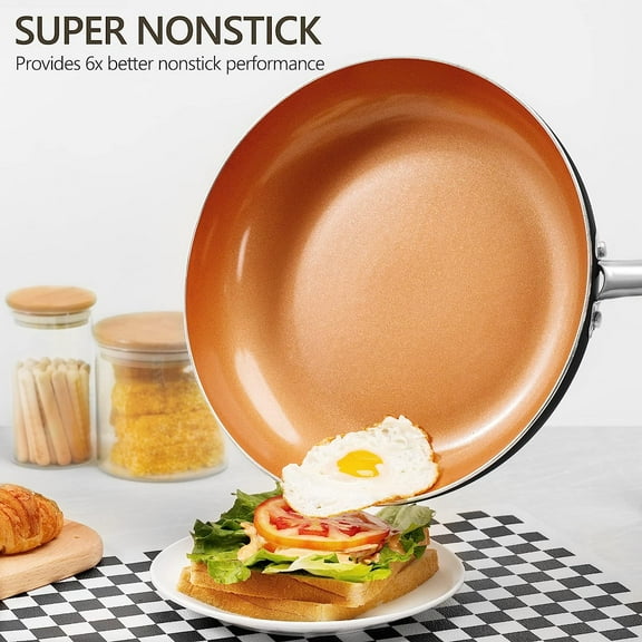 12 Inch Frying Pan with Lid, Nonstick Copper Frying Pan, Non Stick Ceramic Skillet with Lid, Large Copper Pan Non-Stick, Induction Compatible