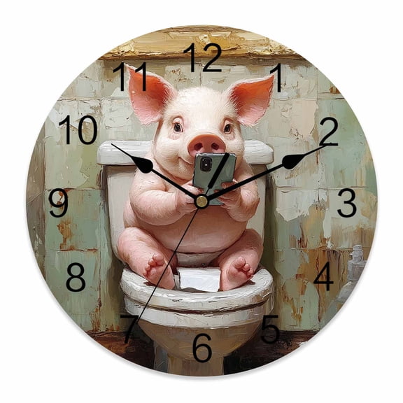 12 Inch Funny Animal Wall Clock, Pig Sitting on Toilet Pig Playing Phone Battery Operated Silent Non Ticking Clocks, Easy to Read Round Wall Clock for Kitchen/Living Room/Bedroom/Bathroom