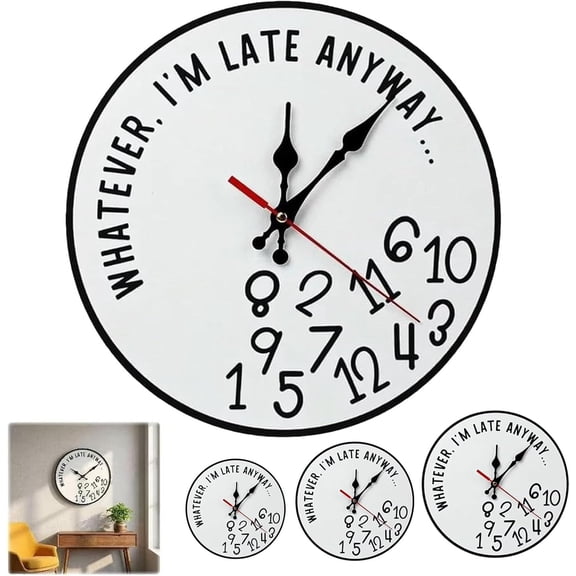 12 Inch Funny Wooden Wall Clock, Whatever I'm Late Anyway Sarcastic Quote Decor, Silent Non-Ticking Round Timepiece for Home Office (1 PC, Wood)