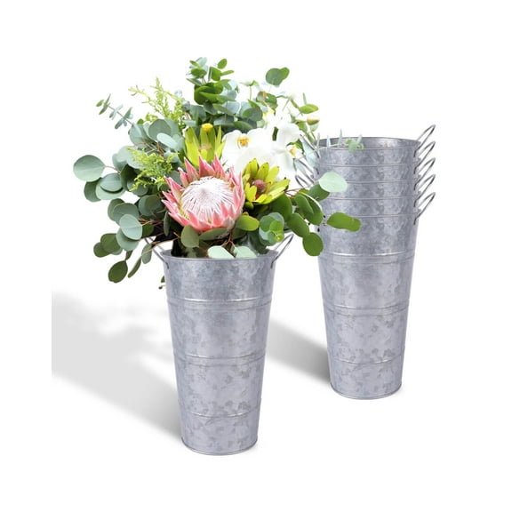 12 Inch Galvanized Metal Vases with Handles - 6 Pcs Farmhouse Decorative Metal Container for Flowers, Rustic Metal Bucket Planters for Wedding Decor (Silver)