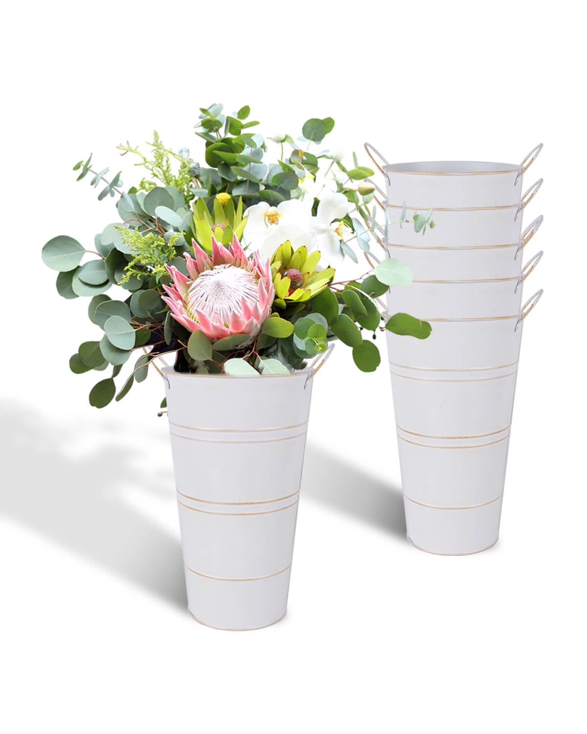 Set Of 6 Galvanized Metal Flower Vases – 12 Inch Tall, Farmhouse Rustic Buckets With Handles, Silver