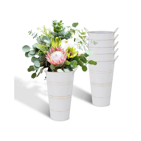 12 Inch Galvanized Metal Vases with Handles - 6 Pcs Farmhouse Decorative Metal Container for Flowers, Rustic Metal Bucket Planters for Wedding Decor (White)