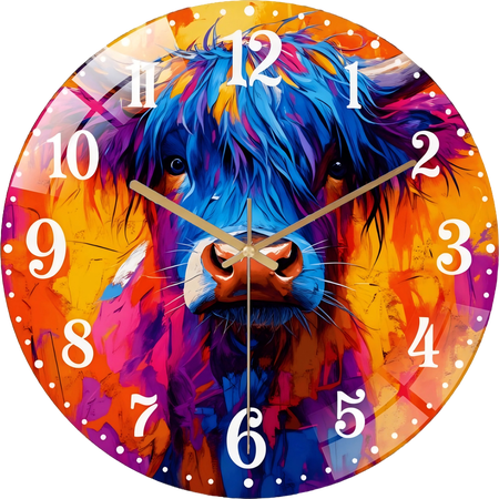 12 Inch Glass Silent Wall Clock Abstract Colorful Cow Painting Quartz Analog Clock for Farmhouse Office Living Halloween- New Year Gift(Battery Not Included), 30cm Style 12×12inch