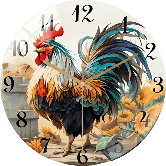12 Inch  Glass Wall Clock, A Rooster And Sunflower Pattern Circular Farmhouse Wall Clock, Silent Clock, Home Decor(Battery Not Included), 30cm