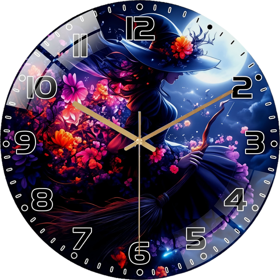 12 Inch Glass Witch with Broomstick & Moon Magic Wall Clock - Silent Non-Ticking Round Flat Clock with Black Hands & Purple Face. (No Battery) 30cm Style 12×12inch(30×30cm)