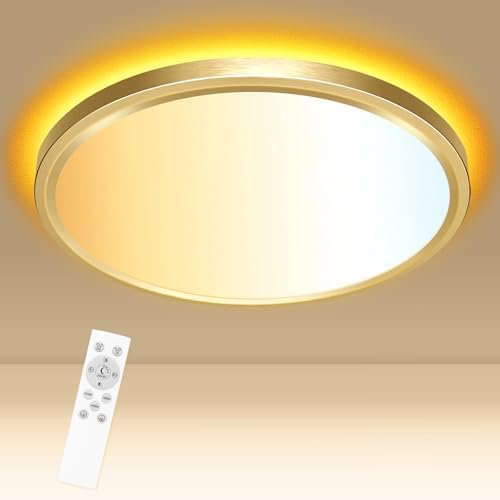 12 Inch Gold LED Ceiling Light with Night Light 1800K, 24W 3000K/4000K/6500K Dimmable Flush Mount Light Fixture with Remote Control, Round Low Profile Lighting for Bedroom Bathroom Kitchen$$