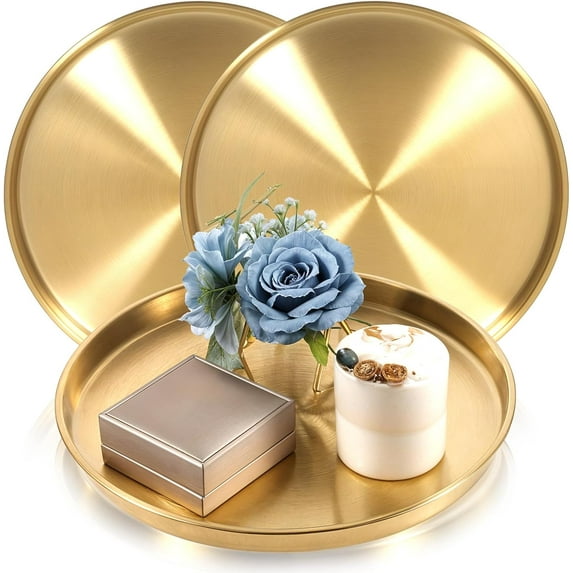 12 Inch Gold Round Serving Tray, 3 Pack Stainless Steel Coffee Table Tray, Modern Decorative Vanity Trays for Coffee Table Bar Vanity Bathroom Candle Display