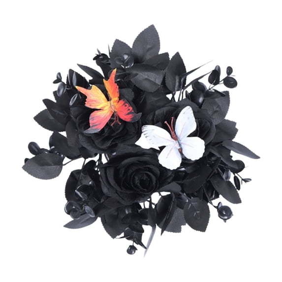 12 Inch Gothic Black Rose Candle Ring Wreath, Artificial Mini Wreath with Colorful Butterflies, Spooky Halloween Table Centerpiece Decor, 1-Pack