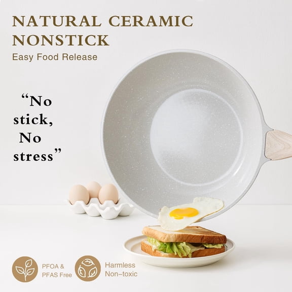 12 Inch Gray Nonstick Ceramic Wok Pan with Lid, Induction Compatible Cookware