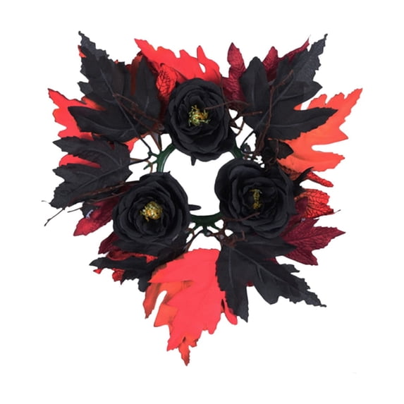 12 Inch Halloween Candle Ring Wreath, Artificial Black Rose with Red Maple Leaves, Gothic Fall Mini Wreath for Pillar Candle Tabletop Decoration, 1-Pack