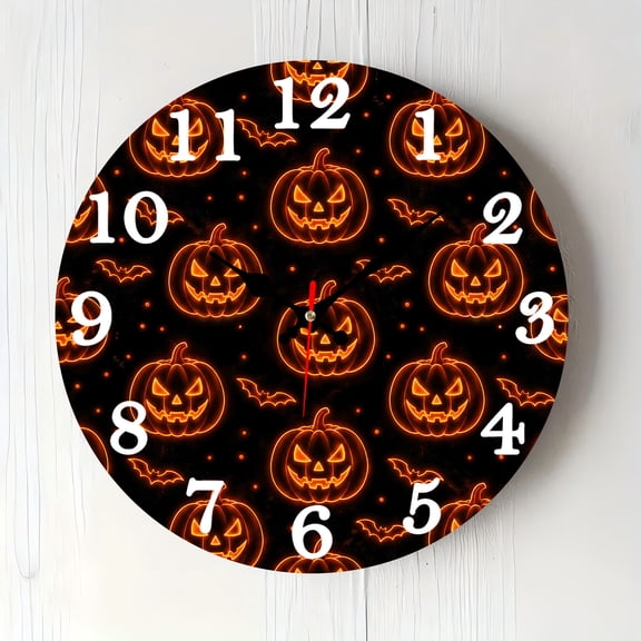 12 Inch Halloween Funny Pumpkin Wooden Wall Clock, Silent Non‑Ticking Battery Operated, Halloween Decor Clock, Perfect Holiday Gift for Kitchen Bedroom Office