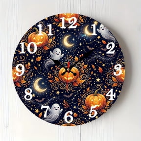 12 Inch Halloween Night Pumpkin Wooden Wall Clock, Silent Non‑Ticking Battery Operated, Halloween Decor Clock, Perfect Holiday Gift for Kitchen Bedroom Office