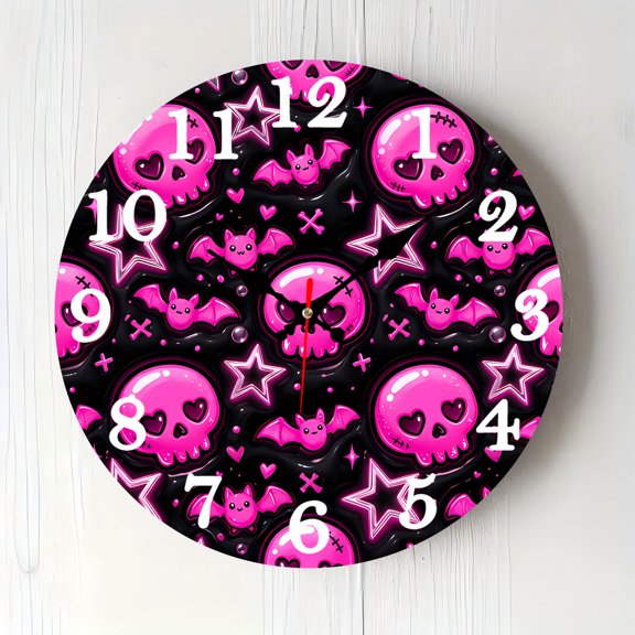 12 Inch Halloween Pink Skull Wooden Wall Clock, Silent Non‑Ticking Battery Operated, Halloween Decor Clock, Perfect Holiday Gift for Kitchen Bedroom Office