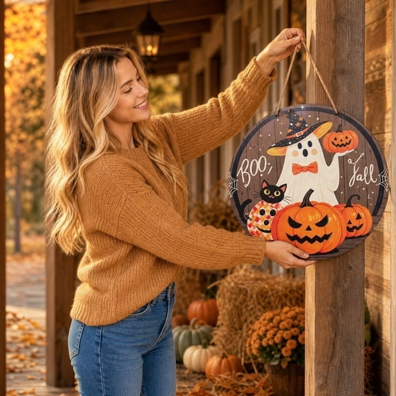12 Inch Halloween Porch Sign, Halloween Door Hanger, Halloween Party Decor, Black Cat Halloween Decor, Rustic Wooden Boo Pumpkin Round Hanging Sign for Halloween Decor