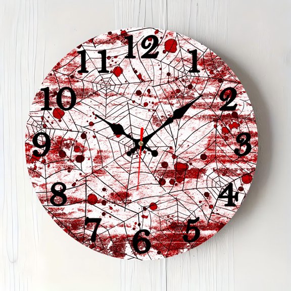 12 Inch Halloween Red Spider Web Wooden Wall Clock, Silent Non‑Ticking Battery Operated, Halloween Decor Clock, Perfect Holiday Gift for Kitchen Bedroom Office