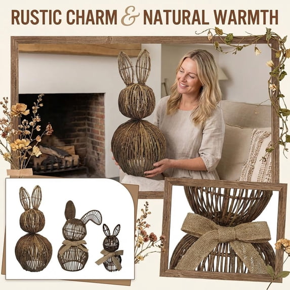 12-Inch Hand-Woven Wicker Bunny Decor, Artistic Rustic Rabbit Figurine With Natural Rattan Texture, Pack Of 1, Ideal For Farmhouse Home Decor, Living Room Shelf Display, Tabletop