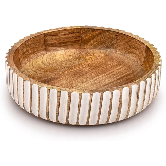 12 Inch Handcrafted Mango Wood Decorative Bowl with White Inlay, Rustic Boho Serving Bowl for Fruit, Salad, Home Decor
