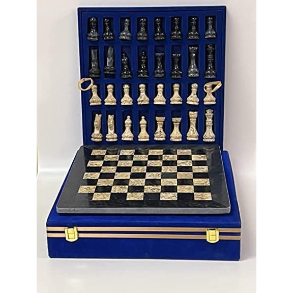 12-Inch Handcrafted Marble Chess Set with Blue Velvet Gift Box Elegant Stone Chessboard with Full Set of Carved Chess Pieces (Black and Multi-Green))