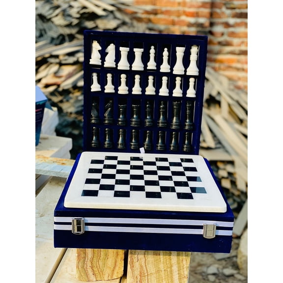 12-Inch Handcrafted Marble Chess Set with Blue Velvet Gift Box Elegant Stone Chessboard with Full Set of Carved Chess Pieces (Black and White)