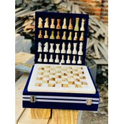 12-Inch Handcrafted Marble Chess Set with Blue Velvet Gift Box   Elegant Stone Chessboard with Full Set of Carved Chess Pieces White and Green