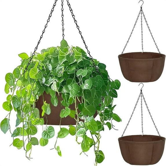 12 Inch Hanging Planter Basket Set of 3 with Chains, Durable Brown Flower Pots for Indoor Outdoor Garden Patio