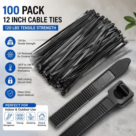 12 Inch Heavy Duty Cable Ties, 120 lbs Tensile Strength, UV Resistant Nylon Zip Ties, Self-Locking Wire Wraps for Indoor Outdoor, 100 Pack Black