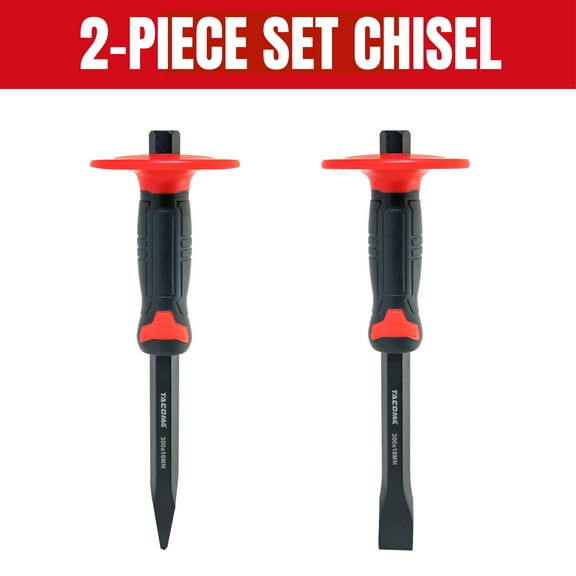 12-Inch Heavy-Duty Flat and Point Chisel 2-Piece Set with Hand Guard  Ideal for Outdoor Demolition, Masonry, Carving, and Concrete Breaking