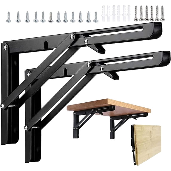 12 Inch Heavy Duty Folding Shelf Brackets (2 Pack) - Stainless Steel Collapsible Triangle Shelf Bracket for DIY Wall Mounted Tables, Space-Saving Design, includes Screws