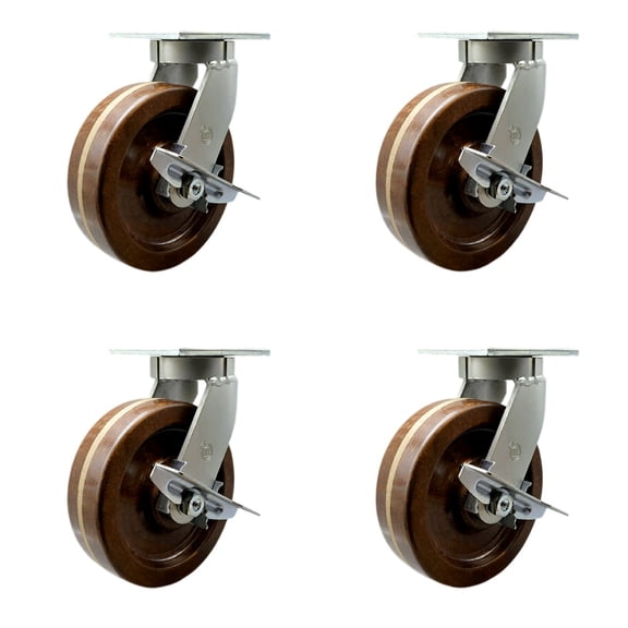 12 Inch Heavy Duty High Temp Phenolic Caster Set 4 Brakes 2 Swivel Locks SCC