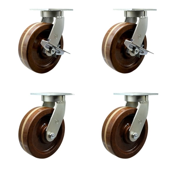12 Inch Heavy Duty High Temp Phenolic Caster Set 4 Swivel Locks 2 Brakes SCC