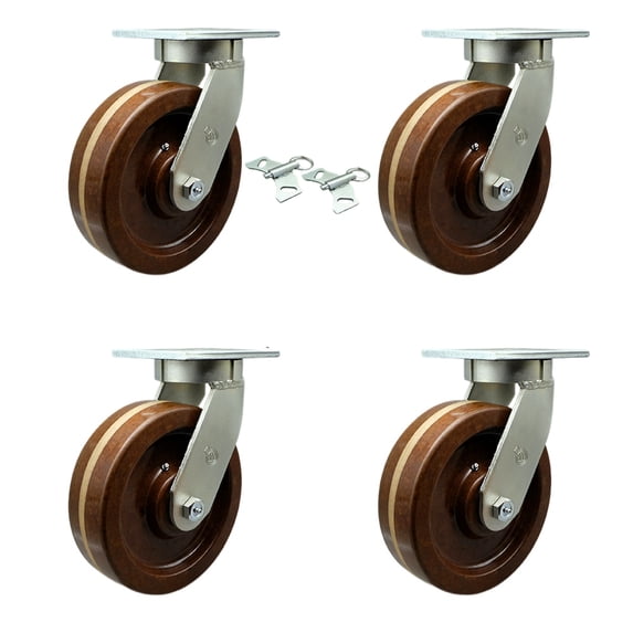 12 Inch Heavy Duty High Temp Phenolic Swivel Caster Set with 2 Swivel Locks SCC