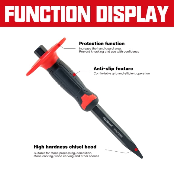 12 Inch Heavy Duty Pointed Chisel with Dual Material Hand Guard, Ideal for Demolition, Masonry, Sculpting and Concrete Breaking