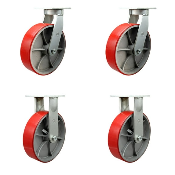 12 Inch Heavy Duty Red Poly on Cast Iron Wheel Caster Set 2 Swivel 2 Rigid SCC
