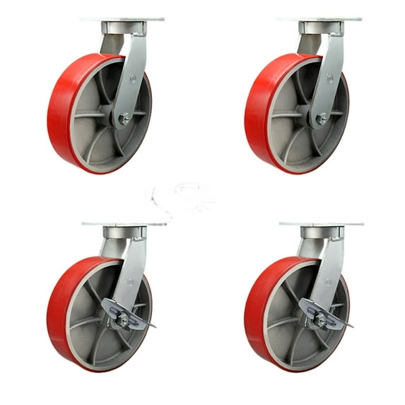 12 Inch Heavy Duty Red Poly on Cast Iron Wheel Swivel Caster Set with 2 Brakes