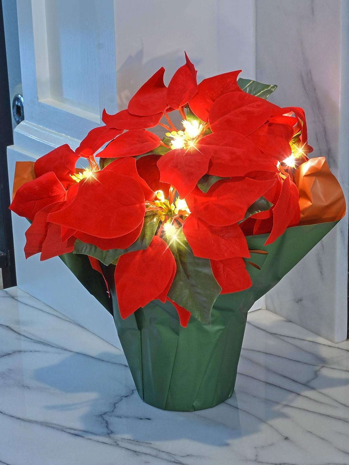 12 Inch High LED Lighted Artificial Red Christmas Potted Poinsettia ...