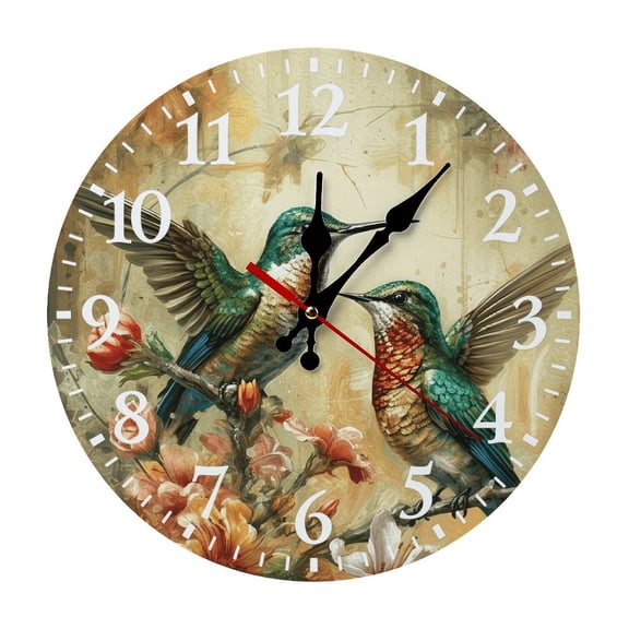 12 Inch Hummingbird Floral Wooden Wall Clock | Silent Non-Ticking Rustic Nature Decor, No Battery Included, Perfect for Living Room, Kitchen, Sunroom