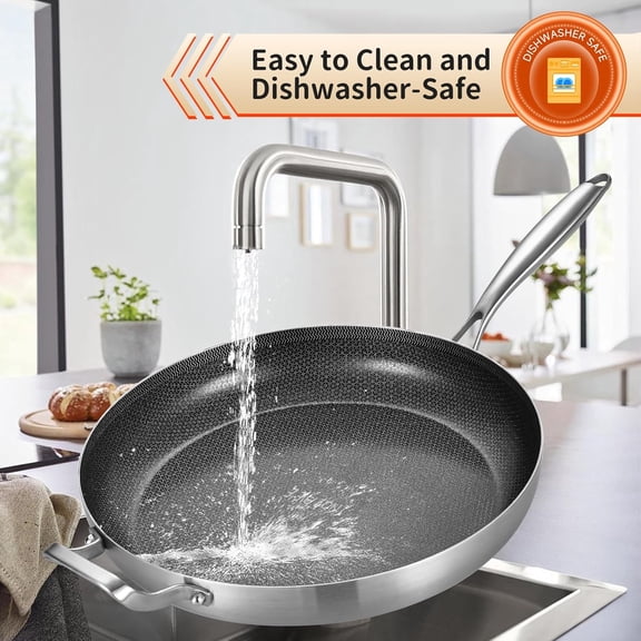 12-Inch Hybrid Tri-Ply Stainless Steel Non Stick Chef's Frying Pan with Lid and Helper Handle