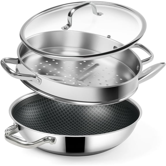 12 Inch Hybrid Wok with Steamer Lid Nonstick Stainless Steel Stir Fry Pan Stay Cool Handle Dishwasher and Oven Safe Induction Compatible