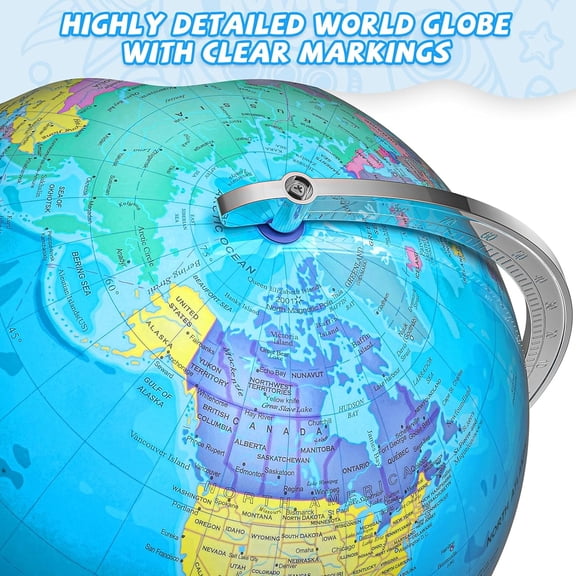 12 Inch Illuminated World for Kids & Adults, Blue Political Map with LED Night Light, Heavy Metal Base, Interactive STEM Learning Gift, Waterproof Writing Surface, Educational Geography Tool