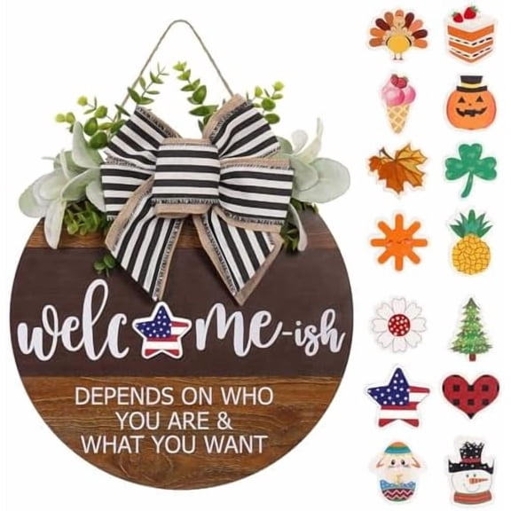 12 Inch Interchangeable Seasonal Rustic Round Wood Welcome Sign, Front Door Hanging Wreath Decor for Spring, Summer, Fall, Halloween, Christmas & Farmhouse Outdoor Home Wall Decor