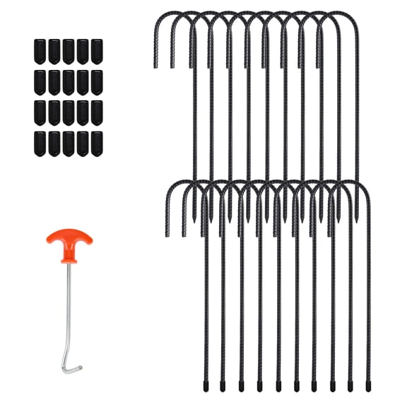 12 Inch J Hook Rebar Stakes 20 Pack, Galvanized Steel Ground Anchors for Fence Tent Canopy, Black