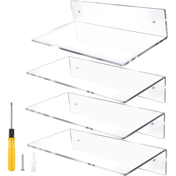 12 Inch L-Shaped Acrylic Floating Shelf Clear Wall Mounted Shelves Invisible 5MM Thick Shelf for Wall Storage Clear Shelves for Makeup Photo Picture Book Record Display 4 Pack