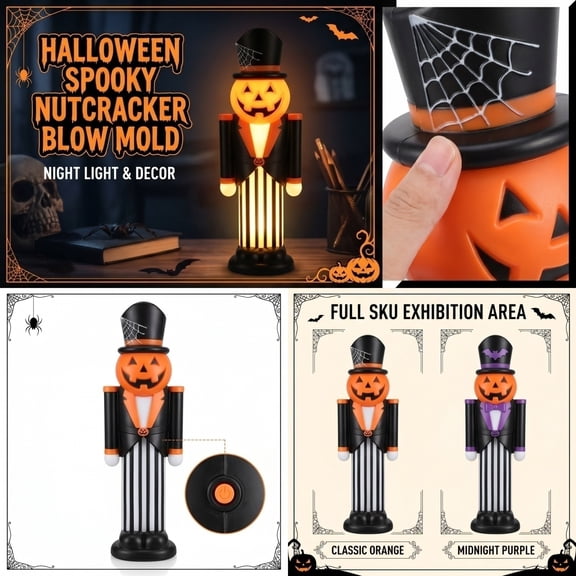 12 Inch LED Light Up Halloween Pumpkin Nutcracker Blow Mold Decor, Lighted Jack-O-Lantern Nutcracker Statue with Spider Web Top Hat, Indoor Covered Outdoor Front Porch Halloween Yard Decoration