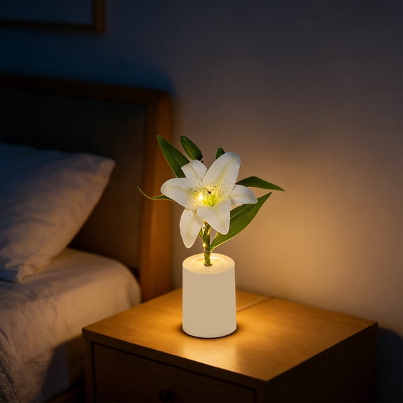 12 Inch LED Lily Flower Night Light - Battery Operated Mini Table Lamp with 3 AAA - Faux Silk Flower Pot Light for Bedroom Living Room Home Decor - Romantic Atmosphere Gift for Women Mom