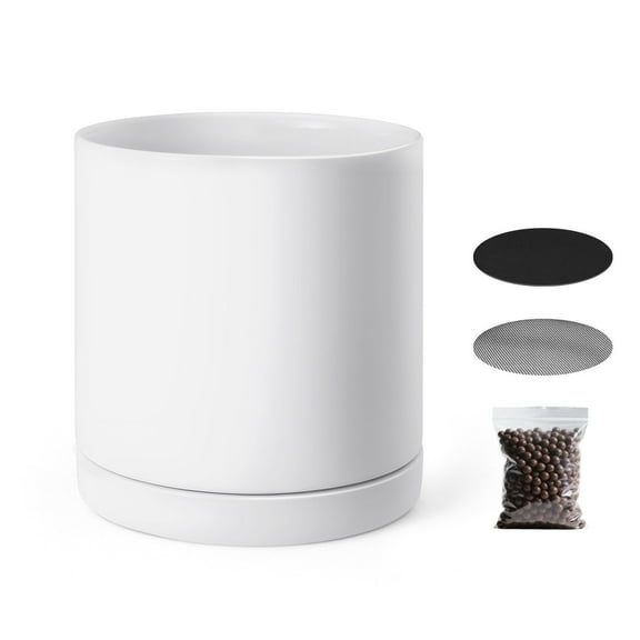 12 Inch Large Cylinder Planter with Drainage Holes Non Slip Pads Detachable Saucer Modern Ceramic Flower Pot Indoor Outdoor Tree Planter Home Office Decor