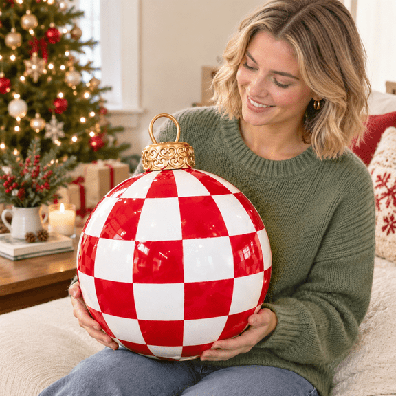12 Inch Large Decorative Ball, Red Check Plaid Pattern, Flat Stable Base