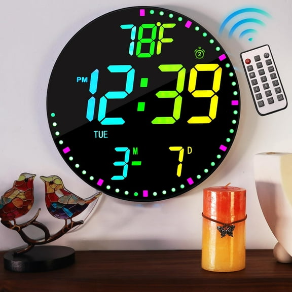 12 Inch Large Digital Wall Clock with Remote Control, RGB Color, Alarm, Timer, Date, Temperature, LED Display for Classroom, Living Room, Bedroom, Gift for Elderly (Black Mirror, 12")